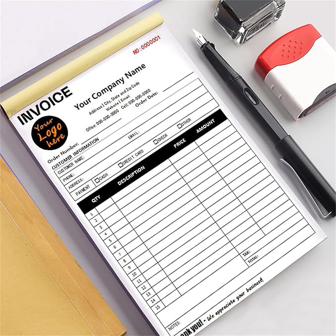 Custom Invoice Book in 3-Part /2-Part Receipt Book with Carbon Copies Personalized Carbonless Service Invoice Form Books Sales Order Book with Company Name Logo Address,E-Invoice Book with Logo