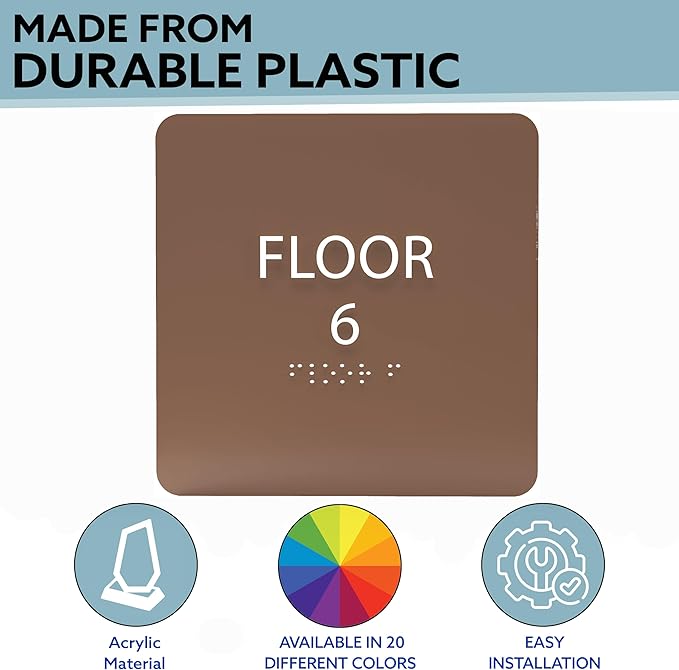 Khaki w/Black ADA Floor 6 Sign with Braille – Made from Durable Acrylic and Ready to Mount