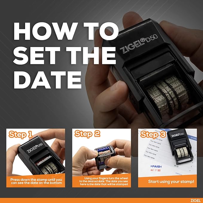 ZIGEL D50 Date Stamp with DEPOSITED - Self Inking Date Stamp - Blue/Red