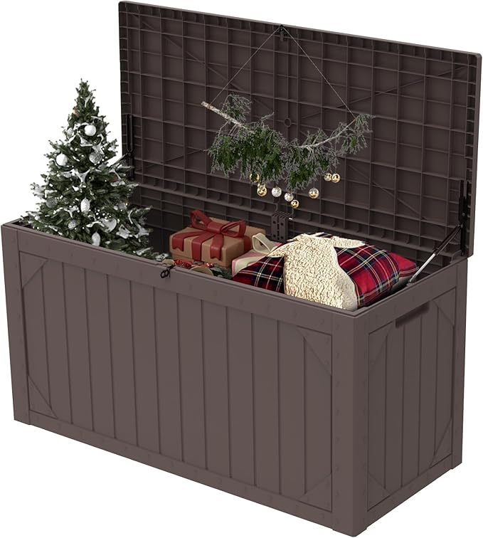 Decksplore 100 Gallon Outdoor Storage Box Waterproof, Lockable Resin Deck Box Patio Storage Bin for Pool Accessories Cushion Furniture, Garden Tools, UV-Resistant Outside Delivery, Brown