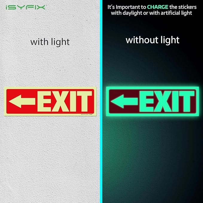 iSYFIX Exit Stickers Signs with Directional Left Arrow 12 Pack 12x4 Inch - Glow in the Dark Photoluminescent Vinyl for Office, School, Business, Warehouse - UV & Weather Resistant for Indoor/Outdoor Use