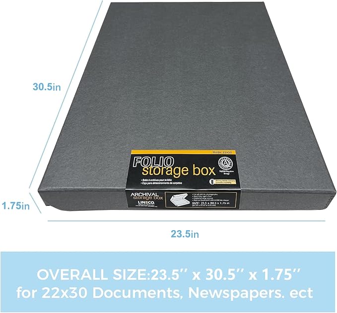 Lineco Folio Storage Box, Clamshell Design with Metal Edge. 23.5x30.5x1.75 in, Archival Boxboard, Organize and Preserve Photos, Prints, Cards, Magazines, Documents, Art, Ephemera, Family Records, Gray