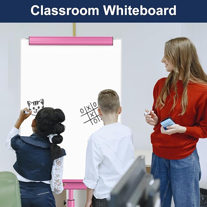 TSJ OFFICE Rolling Whiteboard Standing - 40 x 26 Inches Magnetic Mobile White Board with Stand, Height Adjustable Dry Erase Board on Wheels with Paper Clamp on Top, Violet