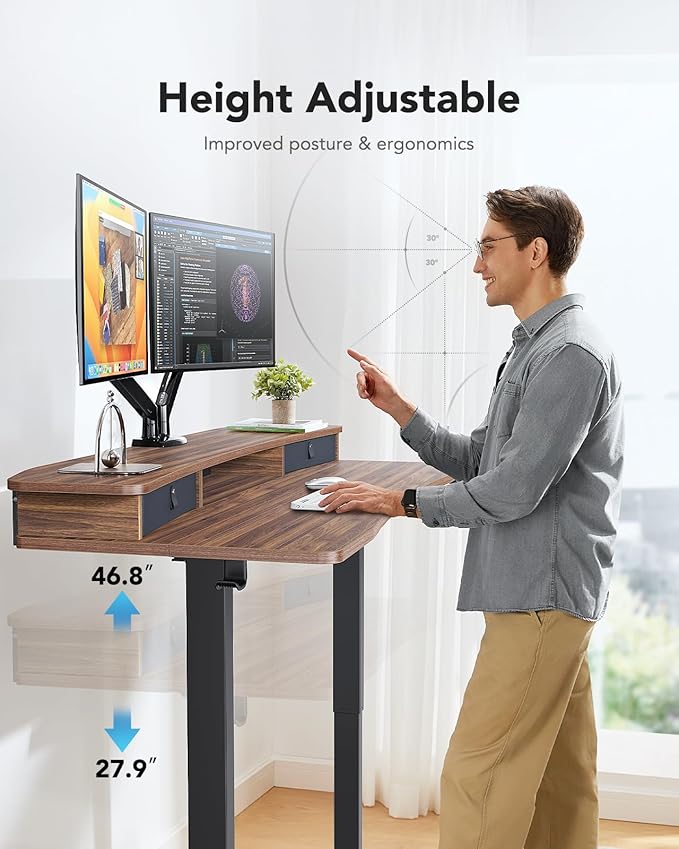 HUANUO 60″ x 30″ Electric Standing Desk with 2 Drawers, C-Clamp Mount Compatible, Height Adjustable Computer Desk, Home Office Stand Up Desk with 4 Preset Heights & 2 Hooks, Walnut