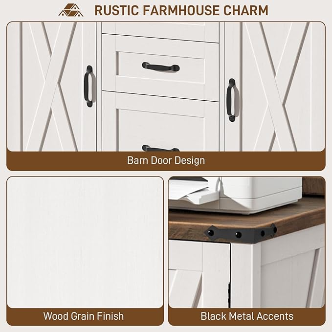 Vabches File Cabinet with 3 Drawers, Farmhouse Lateral File Cabinet Fits Files Letter/A4 Size, Wooden Filing Cabinet with Door and Adjustable Shelves Printer Stand for Home Office, Rustic White