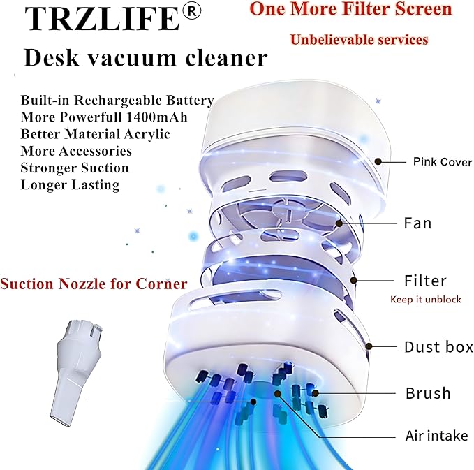 TRZLIFE Desk Vacuum Cleaner, Portable USB Rechargeable Mini Handheld Cleaner Sucks Up Crumbs Debris from Desktop Countertop Drawer, Perfect Office Desk Accessory, Ideal Valentine's Day Gift Pink