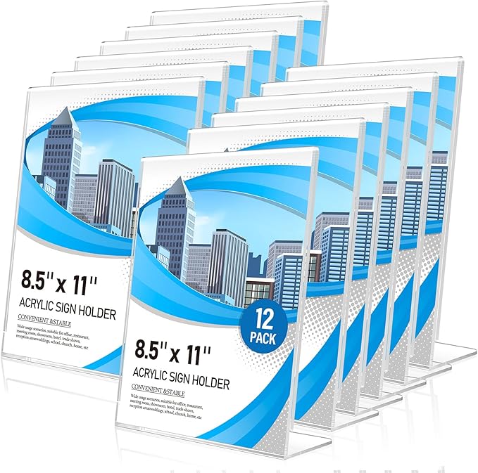 Eocnrhe Acrylic Sign Holder 8.5 x 11 12 Pack, Double-Sided Clear Sign Holder Plastic Stands for Display, Table Sign Stands, L Shape Flyer Holder