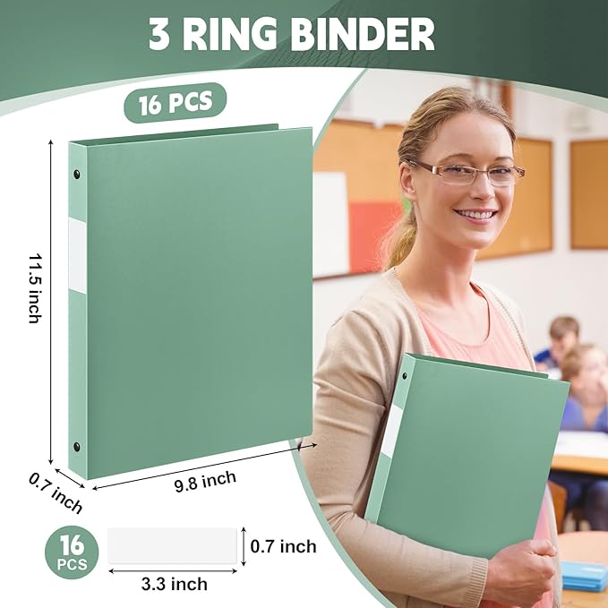Henoyso 16 Pcs 3 Ring Binder 0.5 Inch Round Fits Letter Size 8.5'' x 11'' Paper Plastic Flexible Binder Bulk Holds 140 Sheets with 1 Pockets Versatile Organizer for Home Office School (Sage Green)
