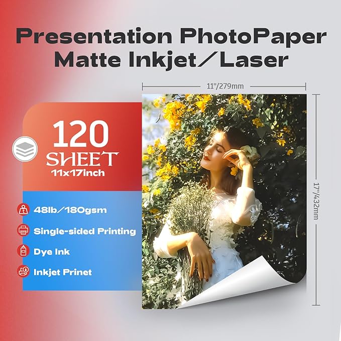 HARTWII 120 Sheets Matte Presentation Paper 11x17 48lb 180gsm Photo Paper for All Dye Ink Inkjet Printers