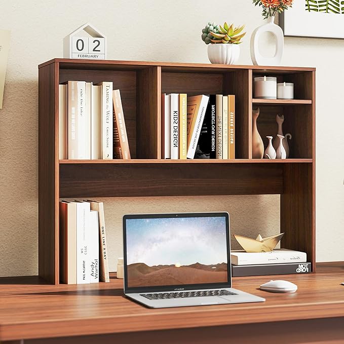 Tangkula Desktop Bookshelf, Countertop Storage Hutch with 4 Shelves for Computer Desk, Desktop 2-Tier Display Rack, Multipurpose Wood Desk Hutch Storage Organizer for Dorm Office Home (Walnut)