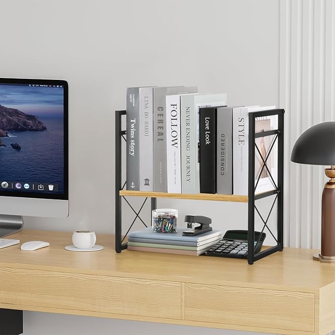 YINMIT Desktop Shelf Organizer, 2 Tier Office Shelves, Wood Desk Organizer Storage Rack and Freestanding Display Shelf for Office, Dormitory, Home (Black Wood)