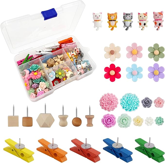 72-Piece Decorative Push Pins with Storage Box, Cute Assorted Cat, Flower & Heart Thumb Tacks for Bulletin Boards, Cork Boards, Cubicle Décor, Home & Office