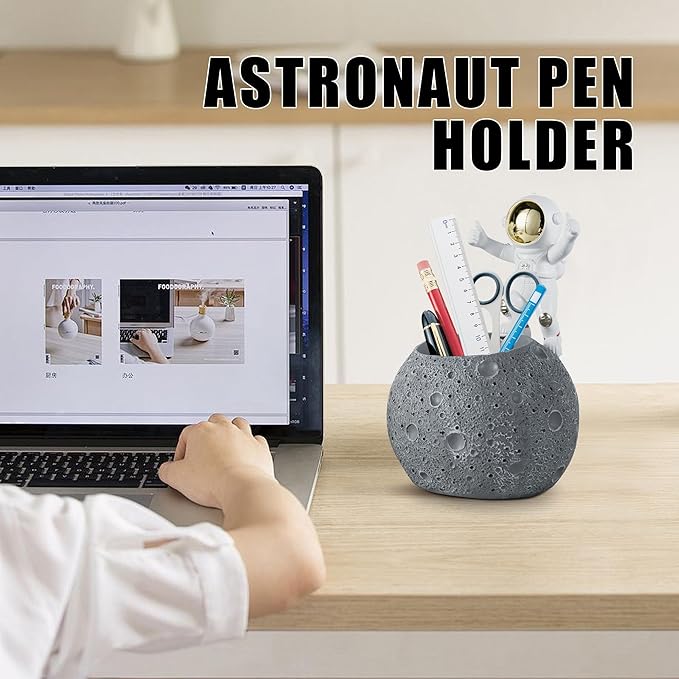 Kimdio Pen Holder, Astronaut Stand for Desk Pencil Holder, Resin Desk Moon Organizer Decorative Accessories Ideal Gift for Office, Classroom, Home - Grey