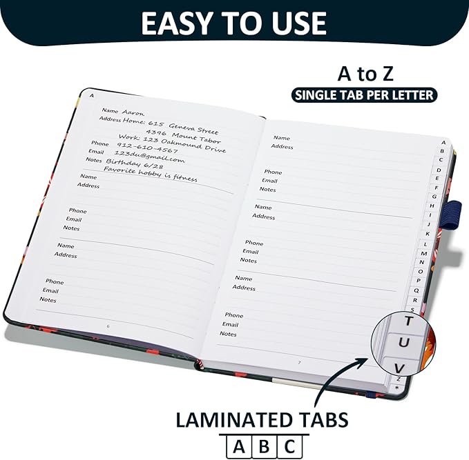 Comkiso Address Book with Individual Alphabetical Tabs Laminated, Large Print Address Book with 468 Wide Lining Entry Spaces, Change of Address Labels, Hardcover Address Book 5.7 x 8.5" - Floral