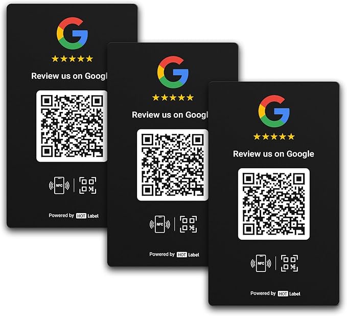HotLabel Review Card 3-Pack + For Boosting Business Reviews + Black + NFC Tap & QR Code + Supports 3 Different Stores or Same + All Phones Compatible + No App/Subscription