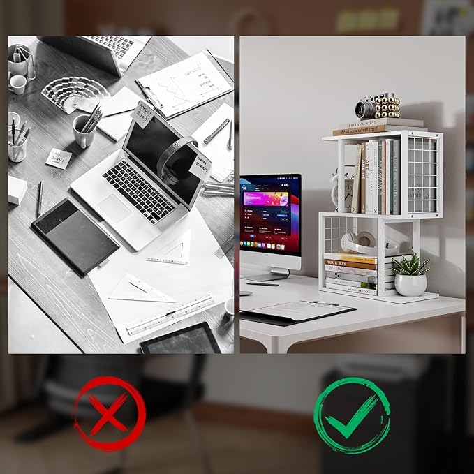 Vfelf Desktop Bookshelf Organizer, White 3-Tier Desk Shelf with Metal Hook Workspace Organizers for Desk Organization and Office Storage Table Bookcase