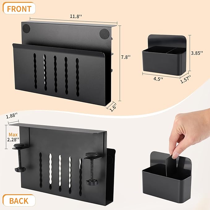 Henitol Desk Side Storage with Pen Holder, No Drill Hanging Desk Organizer Under Desk Storage Mount, Clamp-On Laptop Holder Table Side Tray Desktop Organization for Office and Home (Black)