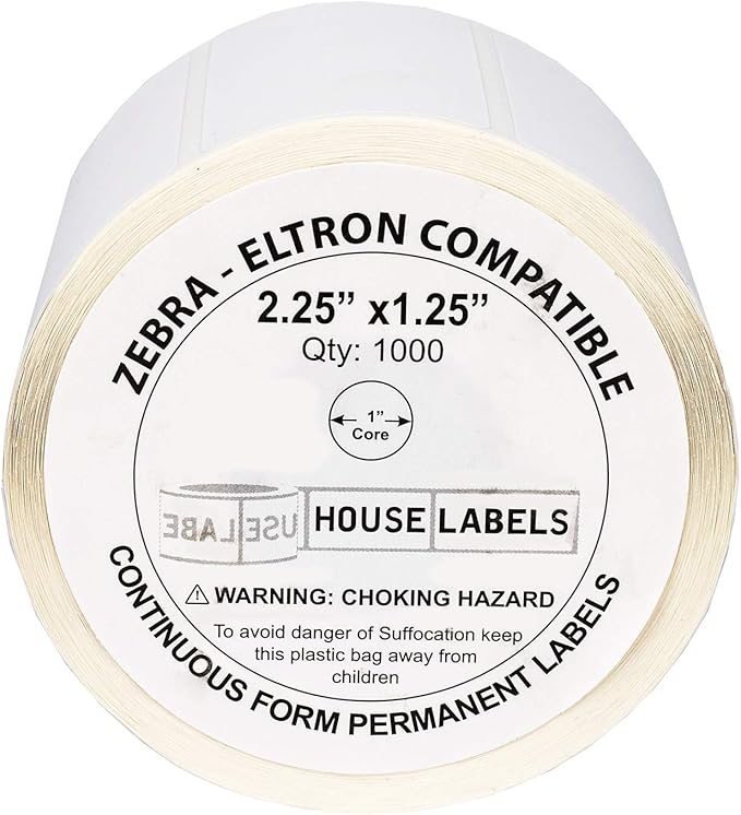 HOUSELABELS 2.25" x 1.25" Address Labels on 1" Core Compatible with Zebra and Rollo Printers, 6 Rolls / 1,000 Labels per Roll