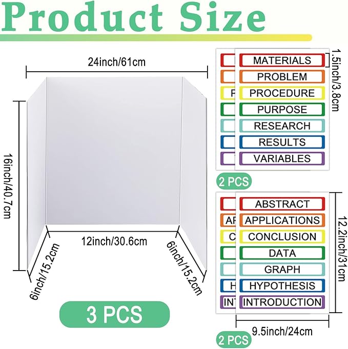 Trifold Display Boards with Colorful Self-Adhesive Sheets – 24 x 16 Inch Tri-Fold Corrugated Presentation Boards for Science Fairs, Complete Poster Board Kit