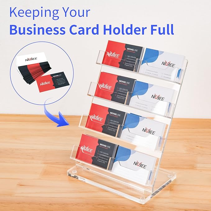 NIUBEE Acrylic Business Card Holder 8 Slots - Double Capacity Business Card Stand for Desk, 4 Tier Clear Gift Card Display for Office, Event, Exhibition