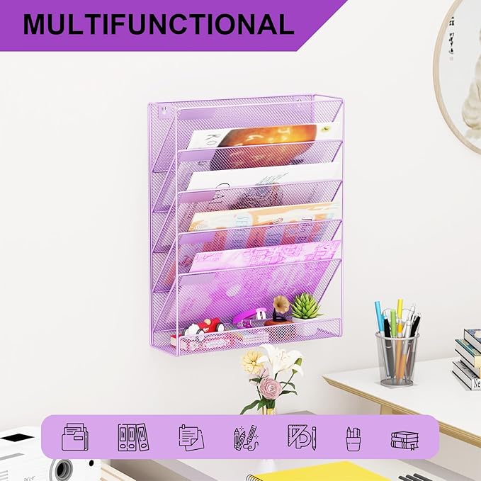 GDINDINFAN Wall File Organizer Holder Mesh Hanging Paper Document Holder, Vertical 6 Pocket Tier for Office Home, Light Purple
