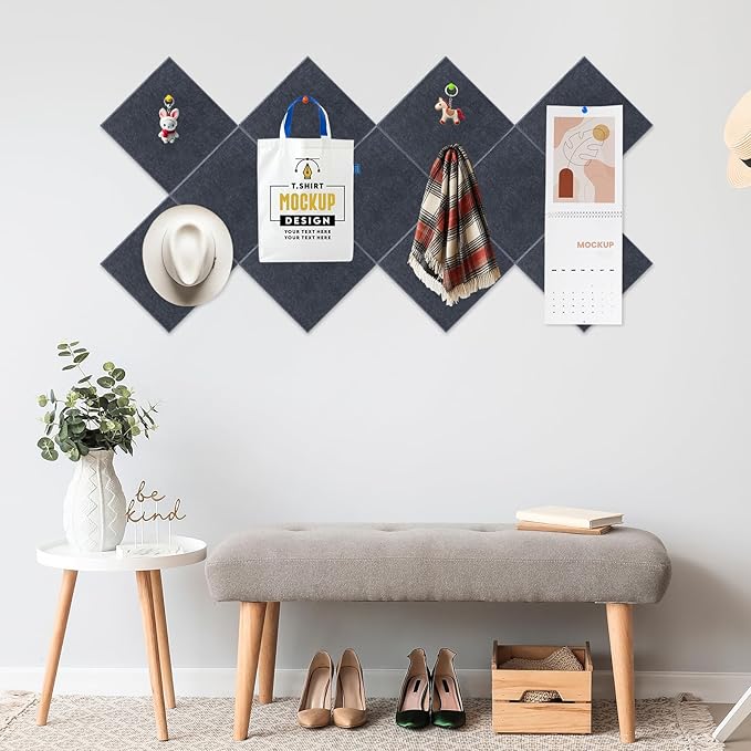Smarpau Large Cork Board for Walls, 12 Pack Square Bulletin Board, 48"x36" Pin Board with Pushpins Removable Security Stickers, Felt Wall Tiles for Office Home Decoration-Deep Grey