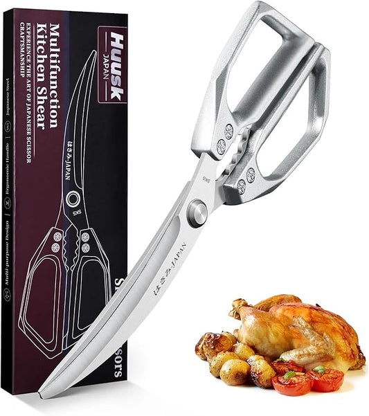 HUUSK Kitchen Scissors Silver - Stainless Steel Kitchen Shears for Food, Japanese Cooking Scissor, Sharp Meat Scissors Dishwasher Safe, Heavy Duty Poultry Shears for Chicken, Gifts for Women