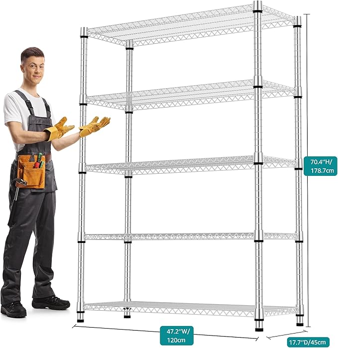 M MZG 5 Tiers Shelf Metal Storage Shelves 3300 lbs Steel Storage Shelving Utility Shelving Unit Steel Organizer Wire Rack for Home,Kitchen,Office,Garage Chrome 17.7" D x 47.2" W x 70.3" H