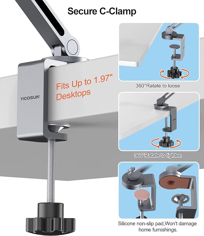 YICOSUN Tablet Arm Mount with Super Grip, Adjustable Foldable Holder & Heavy Duty Aluminum 360° Rotating Clamp for iPad, Phone, Monitor, Kindle - Universal for Desk, Bed, Kitchen - Gray