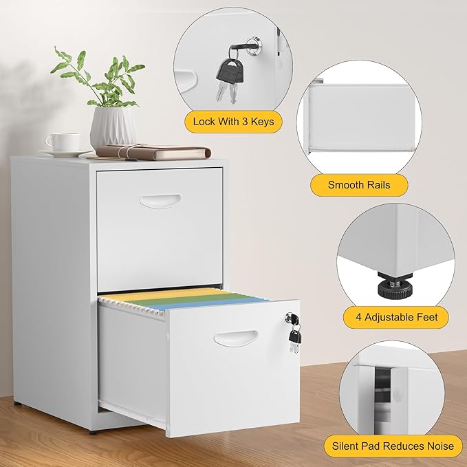 SteeLoong 2 Drawer File Cabinet with Lock,White Metal Office Drawers Filing Cabinets for Home Office, Two Drawer Under Desk File Cabinet for Hanging Letter,Easy Assemble
