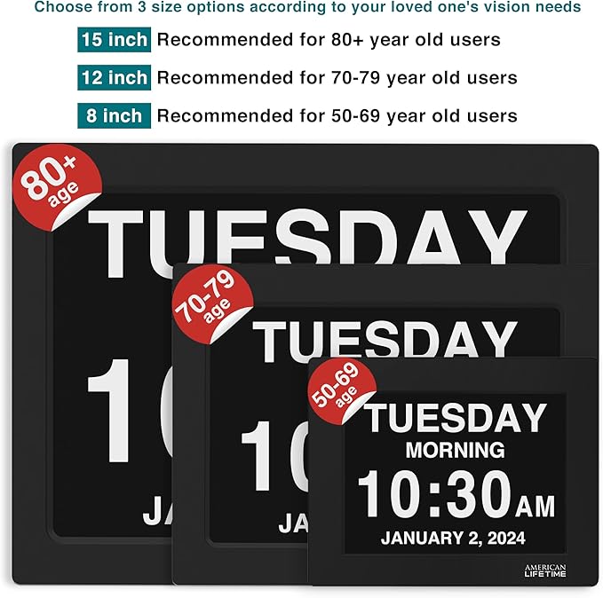 American Lifetime New 2026 Dementia Clock Large Digital Clock for Seniors, Alzeimer Clock Large Display with Custom Alarms, Clock with Day & Date for Elderly, Digital Calendar Black, 15 Inch