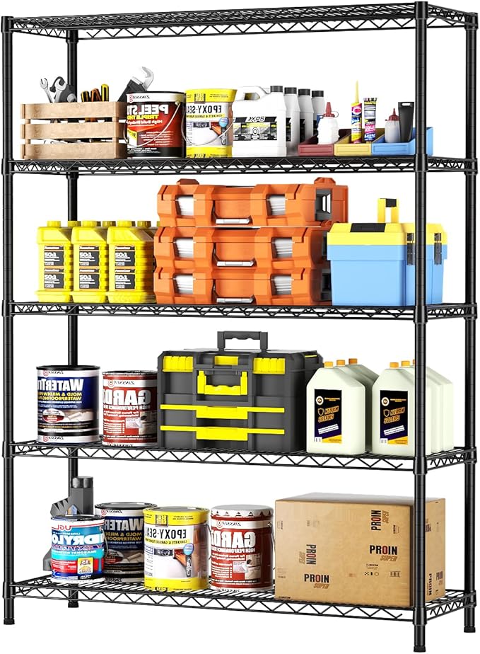 SINGAYE 5 Adjustable Heavy Duty Garage Shelving Wire Shelves Metal Standing Units Bathroom Organizers and Storage Shelf Closet Metal Pantry Kitchen 18" DX46 WX77 H Black