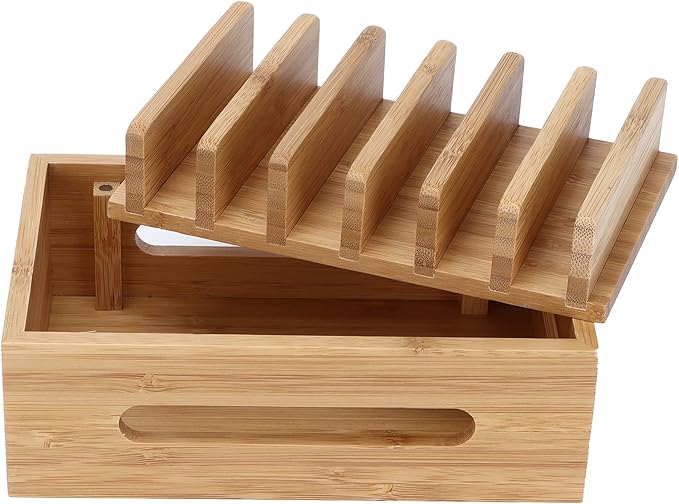 Leapiture Charging Station Organizer, Multiple Devices Charging Station Wood Cell Phone Dock Portable Tablet Computer Organizer Storage Box for Home Office