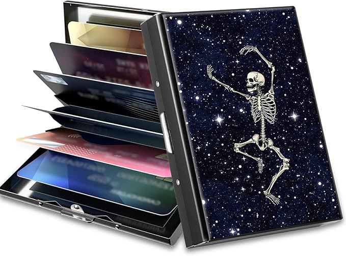 BWEGRHE Slim Credit Card Holder, Dance Skull Skeleton RFID Blocking Metal Wallet for Men & Women, Aluminum Minimalist Hard Case Pocket-Sized Business Cards Organizer (Fits Up to 10 Cards)