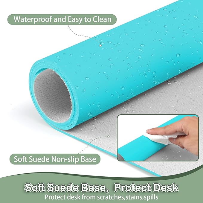 Boutilon Leather Desk Pad Protector,Non-Slip Mouse Pad,Laptop Desk Pad,Office Mouse Mat,Waterproof Leather Desk Blotter,Desk Writing Pad for Office and Home (M-Bright Blue,30"x14")
