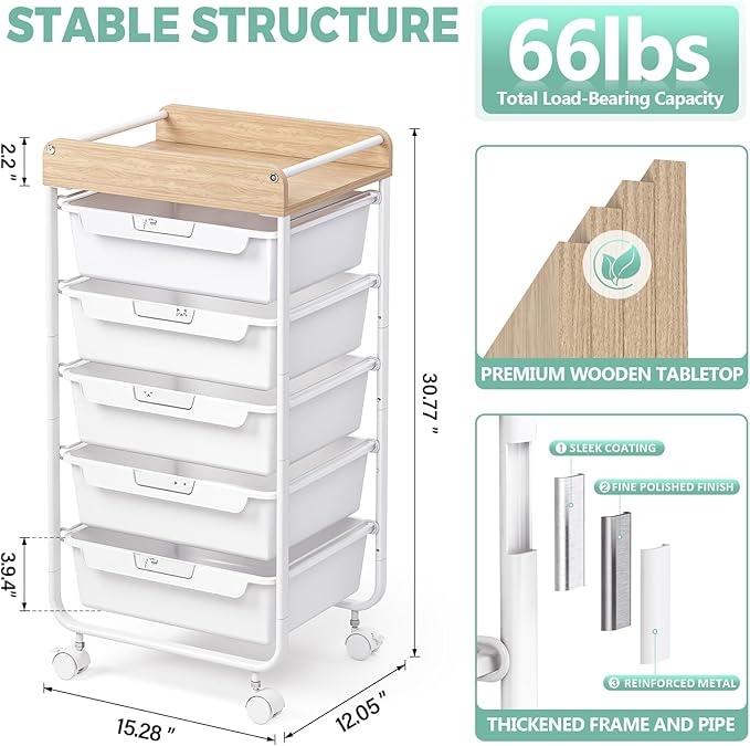 Rolling Storage Utility Cart With 5 Drawers,Craft Cart with Wheels,Makeup Organizer,Art Supply And Storage Wooden Tabletop,White