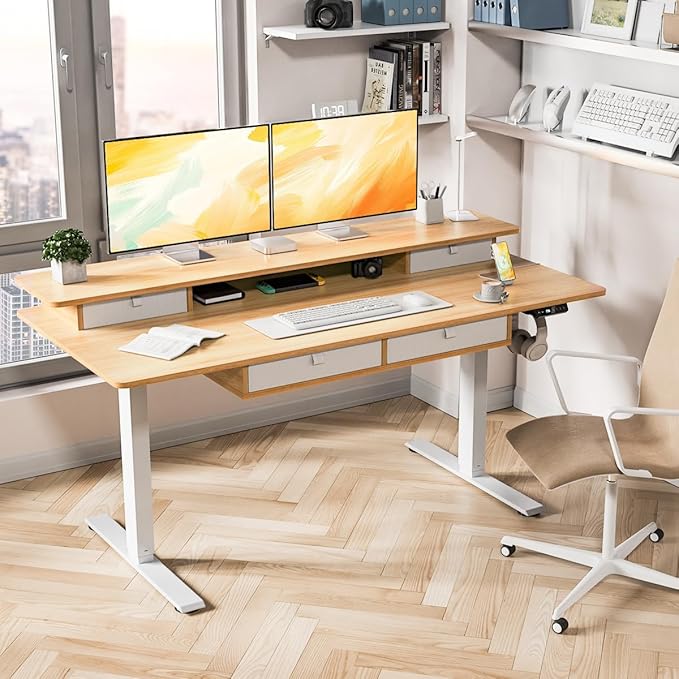 Kingant 63 x 30 Inch Electric Standing Desk with 4 Drawers, Adjustable Height Computer Desk for Home Office, Large Workstation Sit Stand Up Desk with Built-in USB A/C Charging Ports, Nature