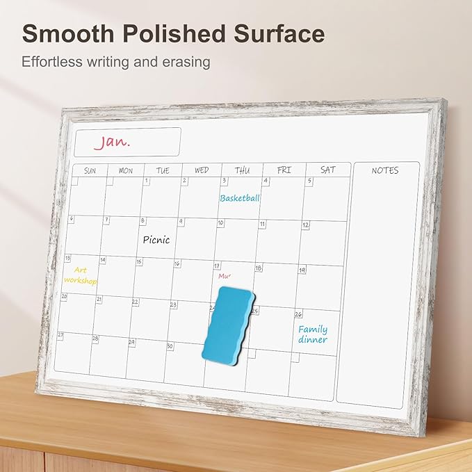 Monthly Dry Erase Calendar Whiteboard for Wall, 24" x 18" Magnetic White Board Calendar Board - Rustic Vintage Wooden Frame