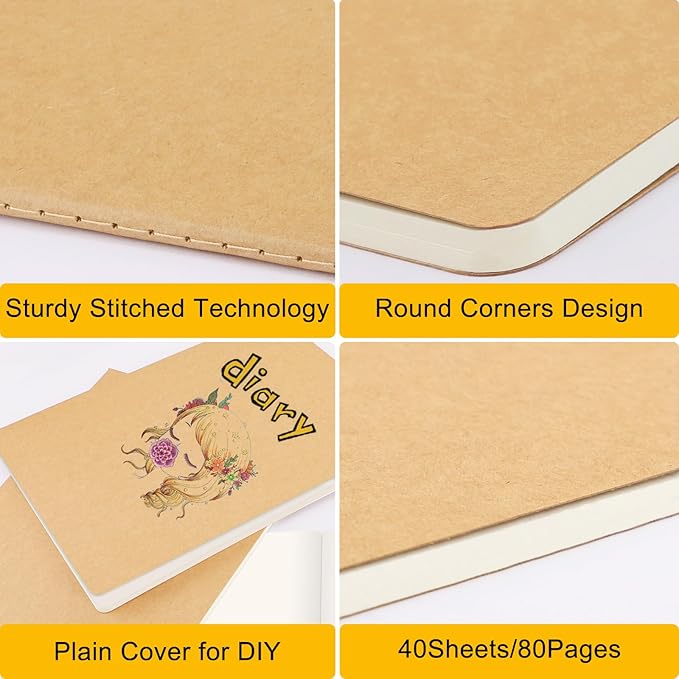 EUSOAR Kraft Notebooks, 12 Packs Large A4 8.5" x 11"，40 Sheets/ 80 Pages Journals in Bulk for Writing, Blank Paper Sketchbooks Composition Travel Journal Notebook Set for Office Work