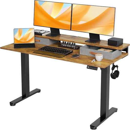 Claiks Electric Standing Desk with 2 Drawers, Adjustable Standing Desks with Storage, Height Adjustable Stand up Desk for Home Office with 2 Hooks,55 Inch Ruist Brown
