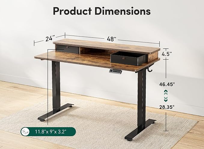 FEZIBO 48 x 24 Inch Height Adjustable Electric Standing Desk with Double Drawer, Stand Up Table with Storage Shelf, Sit Stand Desk, Rustic Brown
