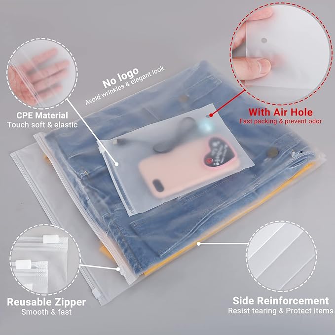 Svaldo Swimsuit Bags, 50pcs 13x16" Frosted Zipper Plastic Bags for Clothing, Plastic Apparel Bag for Packaging T Shirt, 3 Mil with Vent Holes