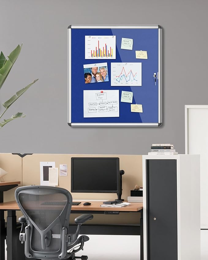 Mifuro 28"x26" Enclosed Bulletin Board, Lockable Weather-Resistant Aluminum Cork Noticeboard for School & Office, Silver Frame w/Blue Flet