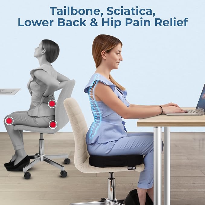 5 STARS UNITED Seat Cushion for Tailbone Pain Relief – Memory Foam Cushion for Coccyx, Hip, Sciatica & Post-Surgery Recovery – Wheelchair, Car, Desk, Gaming & Office Chairs, Black, X-Large