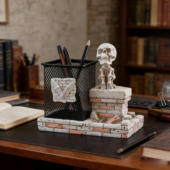 Daisylily Skull Pencil Holder, Skeleton Pen Cup, Mesh Pen Holder for Desk Office Pen Organizer, Pencil Cup Storage Containers