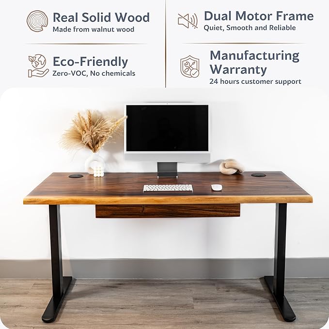 Standing Desk with Drawer – Walnut Solid Wood Desk, Natural Live Edge, Adjustable Height Dual Motor, Sit Stand for Home Office (Black, W48 x D27)