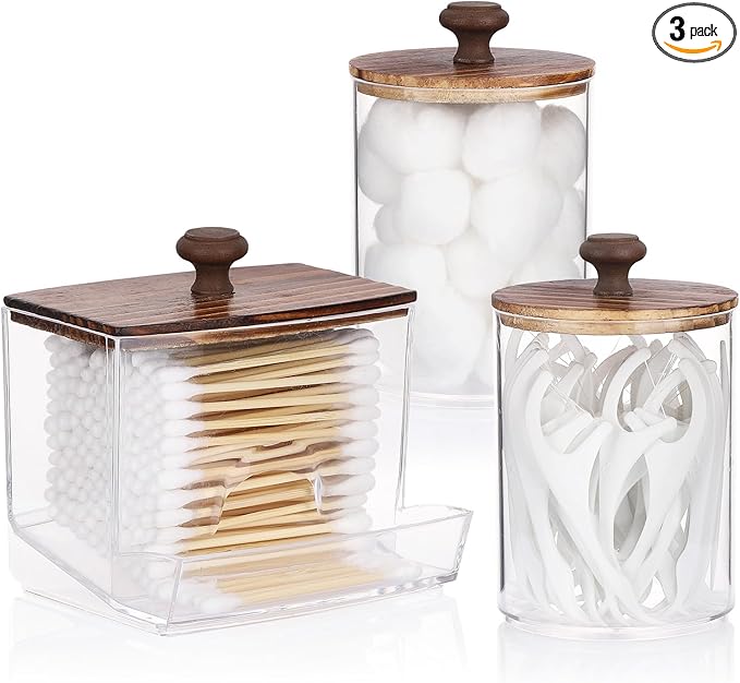 Tbestmax Qtips Holder Bathroom Container, 10oz Big Qtips Dispenser Cotton Ball Holder, Clear Plastic Apothecary Jar Organizer for Storage Cotton Swab, Round Pads, Floss Picks