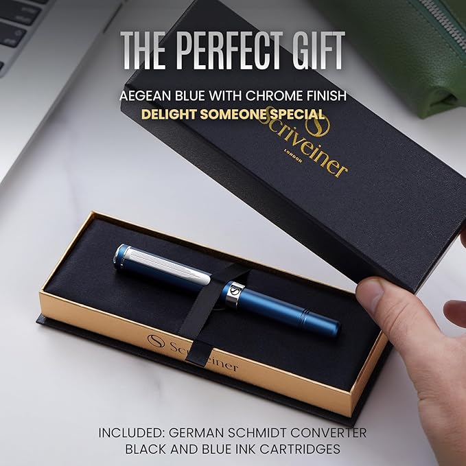 Scriveiner Luxury EDC Fountain Pen (Fine), Stunning Matt Blue Pocket Pen, Chrome Finish, Schmidt German Nib, Converter, Best Writing Pen Gift Set for Men & Women, Nice Fancy Office Designer Pen