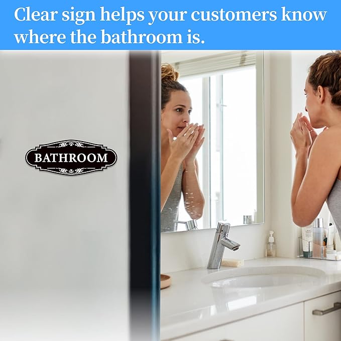 Bathroom Sign Sticker for Business and Home，Self-adhesive Cute Bathroom Decor for Door，Waterproof Vinyl Restroom Sign for Home，Office，Shop（Black）