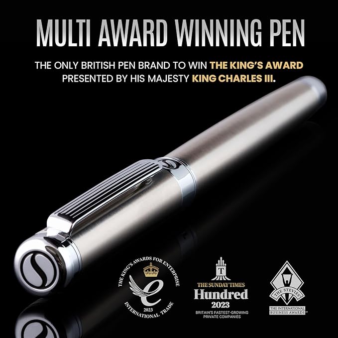Scriveiner Stainless Steel Fountain Pen - Stunning Luxury Pen with Steel Finish, Schmidt Steel Nib (Fine), Best Pen Gift Set for Men & Women, Professional, Executive Office, Nice Designer Pens